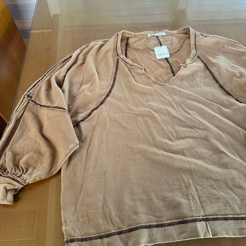 We The Free Caramel Cafe Knit V-Neck Pullover
